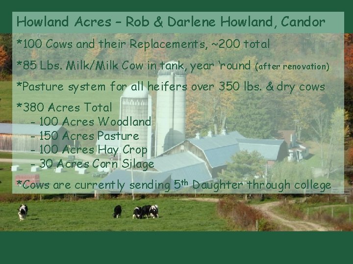 Howland Acres – Rob & Darlene Howland, Candor *100 Cows and their Replacements, ~200