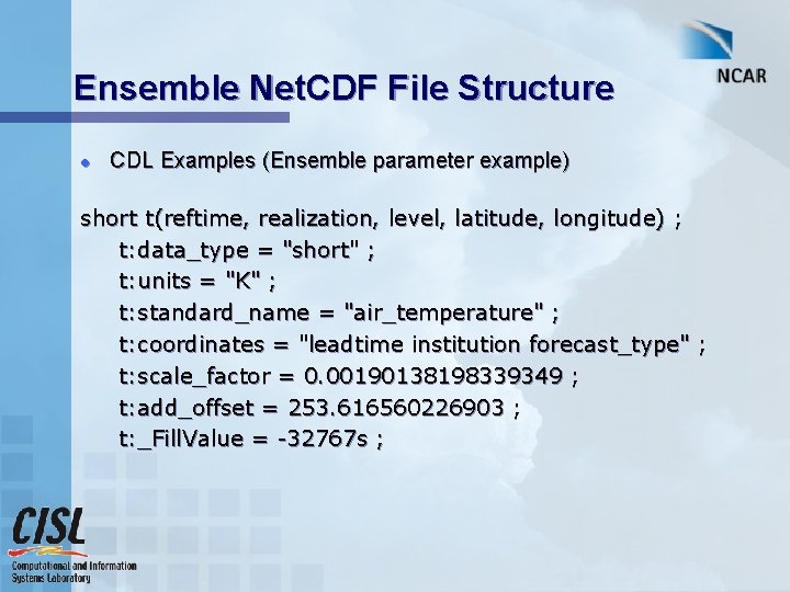 Ensemble Net. CDF File Structure l CDL Examples (Ensemble parameter example) short t(reftime, realization,