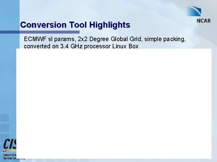 Conversion Tool Highlights ECMWF sl params, 2 x 2 Degree Global Grid, simple packing,