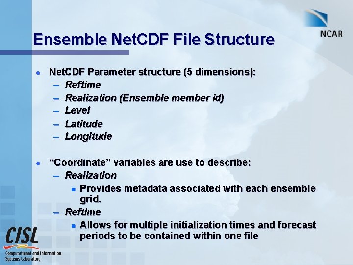 Ensemble Net. CDF File Structure l l Net. CDF Parameter structure (5 dimensions): –