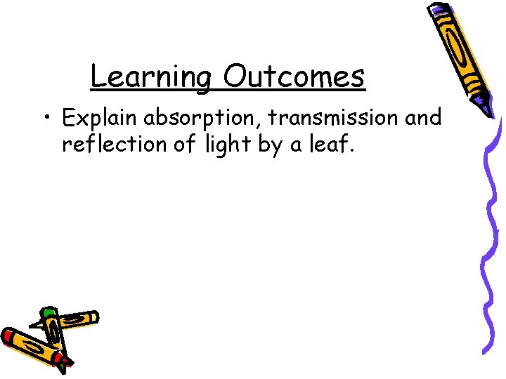 Learning Outcomes • Explain absorption, transmission and reflection of light by a leaf. 