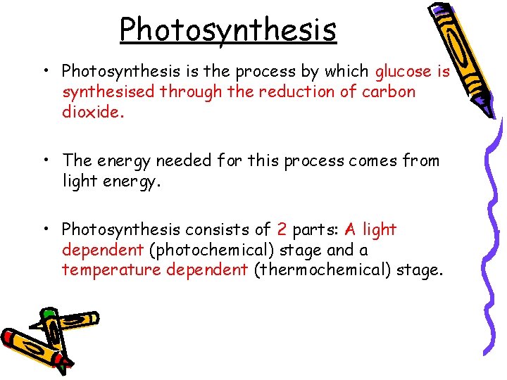 Photosynthesis • Photosynthesis is the process by which glucose is synthesised through the reduction