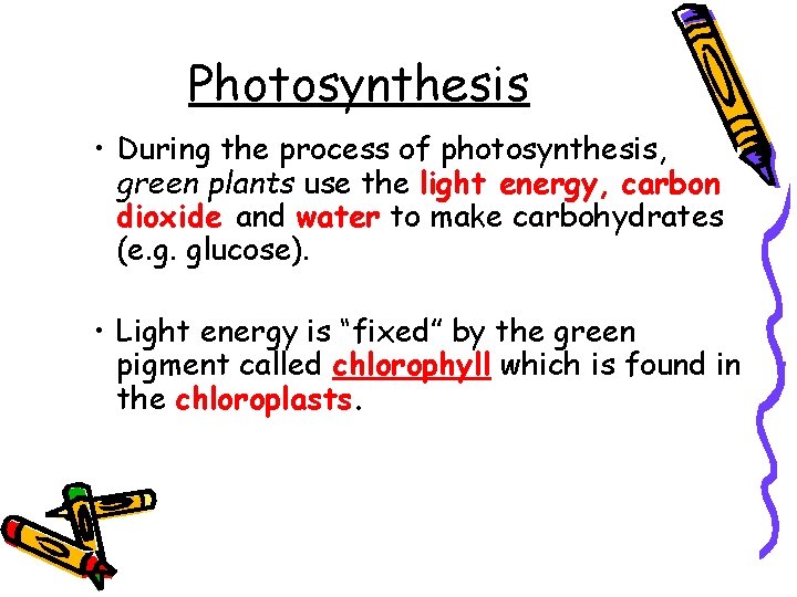 Photosynthesis • During the process of photosynthesis, green plants use the light energy, carbon