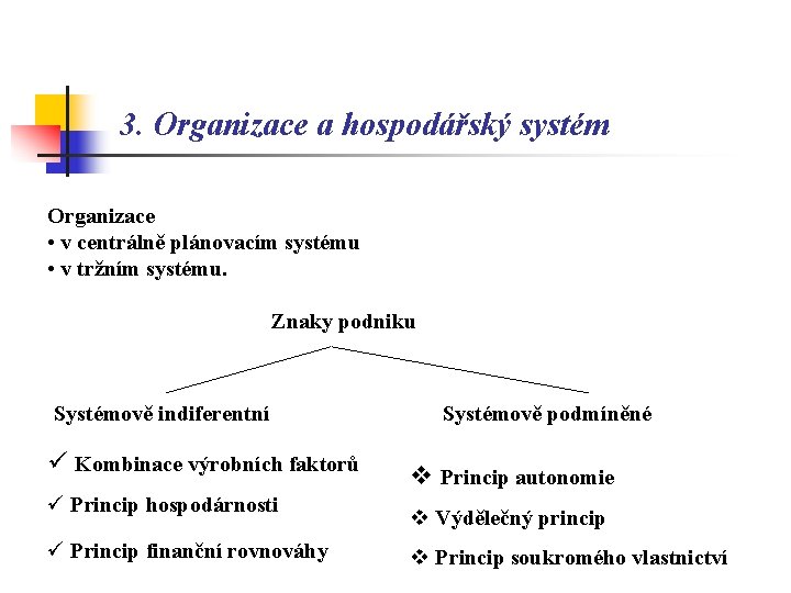 3. Organizace a hospodářský systém Organizace • v centrálně plánovacím systému • v tržním