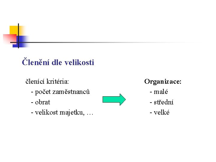 Členění dle velikosti členící kritéria: - počet zaměstnanců - obrat - velikost majetku, …