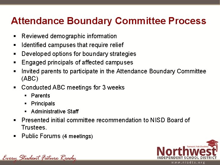 Attendance Boundary Committee Process § § § Reviewed demographic information Identified campuses that require