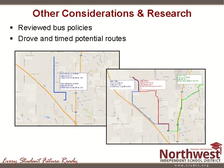 Other Considerations & Research § Reviewed bus policies § Drove and timed potential routes