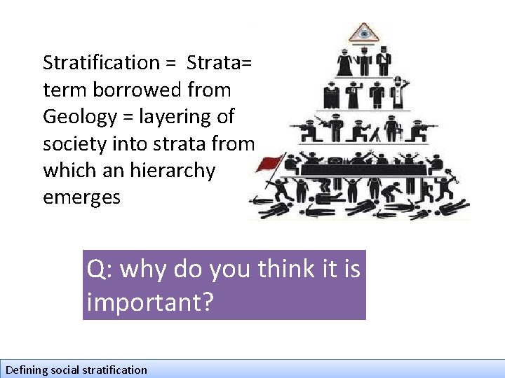 Stratification = Strata= term borrowed from Geology = layering of society into strata from