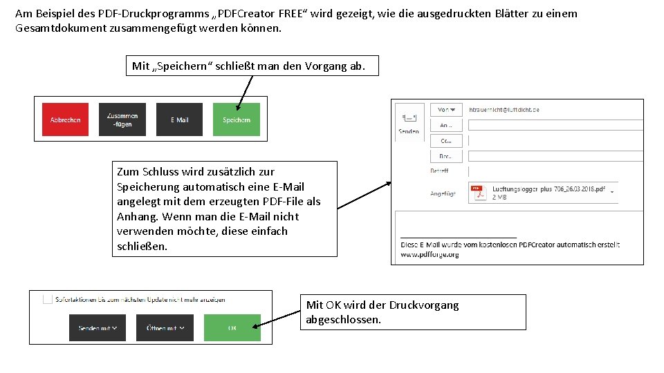 Am Beispiel des PDF-Druckprogramms „PDFCreator FREE“ wird gezeigt, wie die ausgedruckten Blätter zu einem