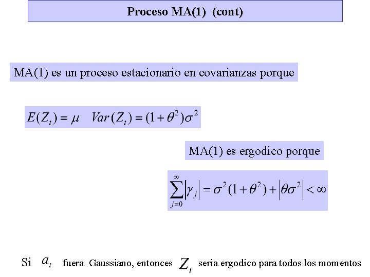 Proceso MA(1) (cont) MA(1) es un proceso estacionario en covarianzas porque MA(1) es ergodico