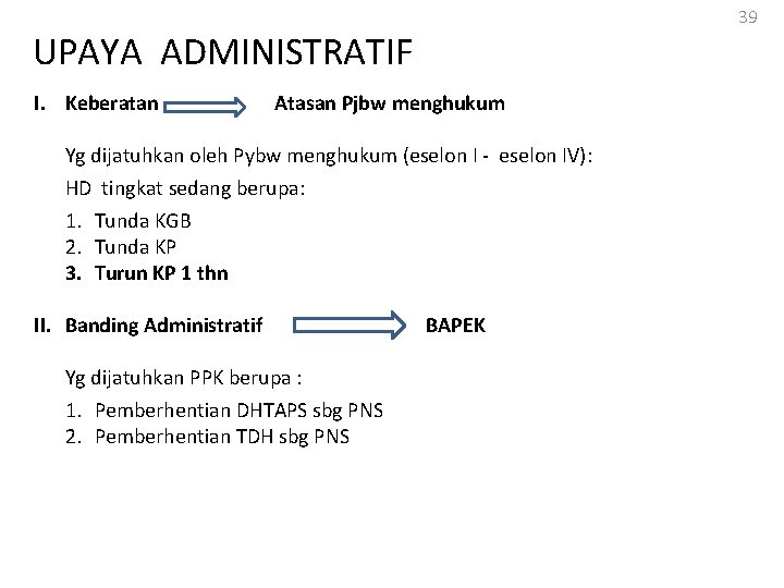 39 UPAYA ADMINISTRATIF I. Keberatan Atasan Pjbw menghukum Yg dijatuhkan oleh Pybw menghukum (eselon