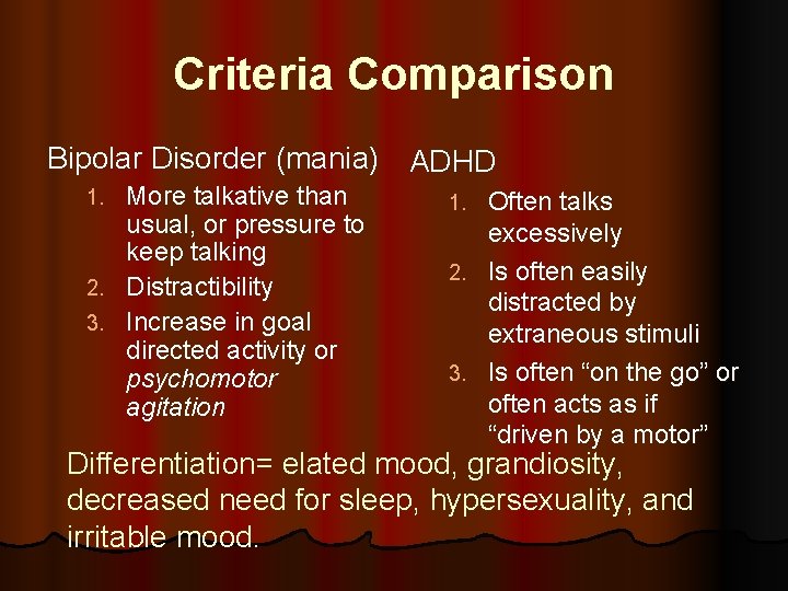Criteria Comparison Bipolar Disorder (mania) ADHD More talkative than usual, or pressure to keep