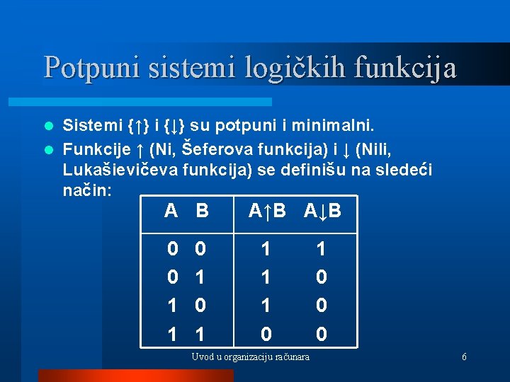 Potpuni sistemi logičkih funkcija Sistemi {↑} i {↓} su potpuni i minimalni. l Funkcije