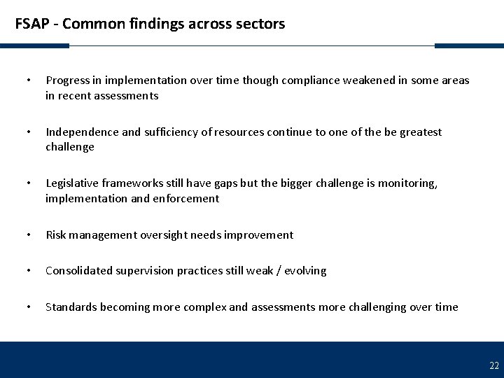 FSAP - Common findings across sectors • Progress in implementation over time though compliance