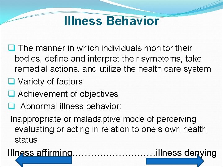 Illness Behavior q The manner in which individuals monitor their bodies, define and interpret