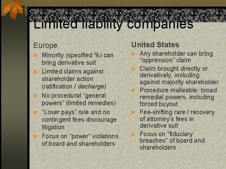 Limited liability companies Europe United States n Minority (specified %) can n Any shareholder