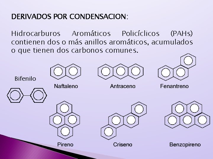 DERIVADOS POR CONDENSACION: Hidrocarburos Aromáticos Policíclicos (PAHs) contienen dos o más anillos aromáticos, acumulados DERIVADOS POR CONDENSACION: Hidrocarburos Aromáticos Policíclicos (PAHs) contienen dos o más anillos aromáticos, acumulados