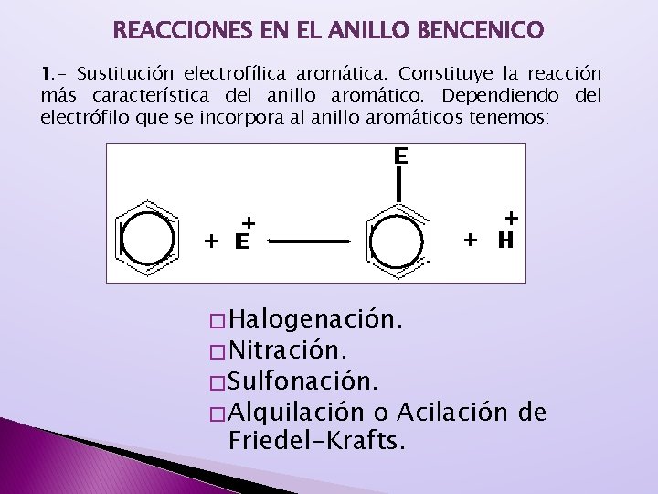 REACCIONES EN EL ANILLO BENCENICO 1. - Sustitución electrofílica aromática. Constituye la reacción más REACCIONES EN EL ANILLO BENCENICO 1. - Sustitución electrofílica aromática. Constituye la reacción más