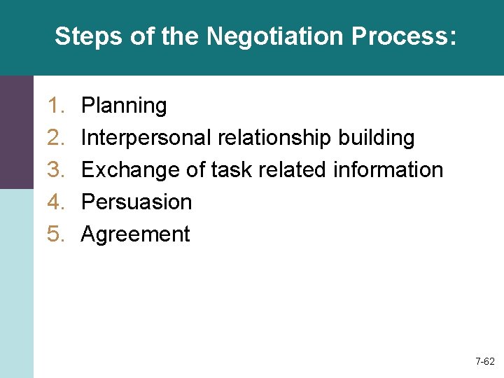 Steps of the Negotiation Process: 1. 2. 3. 4. 5. Planning Interpersonal relationship building
