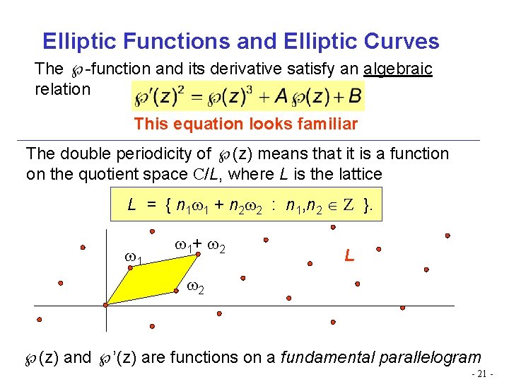 Elliptic Functions and Elliptic Curves The -function and its derivative satisfy an algebraic relation