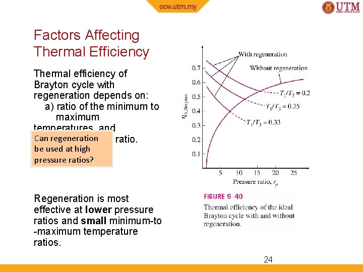 Factors Affecting Thermal Efficiency Thermal efficiency of Brayton cycle with regeneration depends on: a)