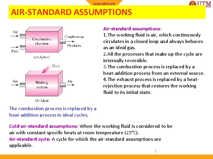 AIR-STANDARD ASSUMPTIONS Air-standard assumptions: 1. The working fluid is air, which continuously circulates in