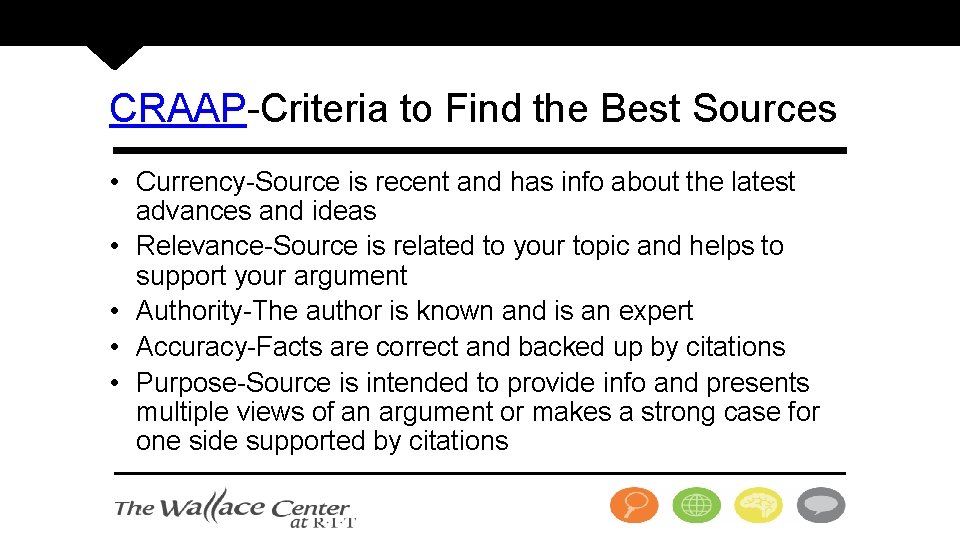 CRAAP-Criteria to Find the Best Sources • Currency-Source is recent and has info about