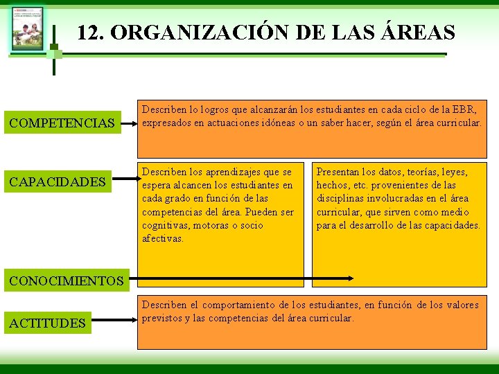 12. ORGANIZACIÓN DE LAS ÁREAS COMPETENCIAS CAPACIDADES Describen lo logros que alcanzarán los estudiantes