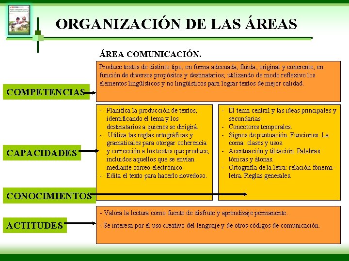 ORGANIZACIÓN DE LAS ÁREA COMUNICACIÓN. COMPETENCIAS CAPACIDADES Produce textos de distinto tipo, en forma