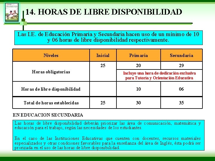 14. HORAS DE LIBRE DISPONIBILIDAD Las I. E. de Educación Primaria y Secundaria hacen