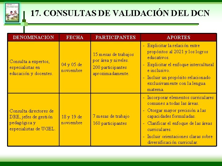 17. CONSULTAS DE VALIDACIÓN DEL DCN DENOMINACIÓN Consulta a expertos, especialistas en educación y