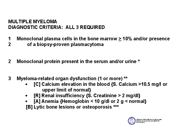 MULTIPLE MYELOMA DIAGNOSTIC CRITERIA: ALL 3 REQUIRED 1 2 Monoclonal plasma cells in the