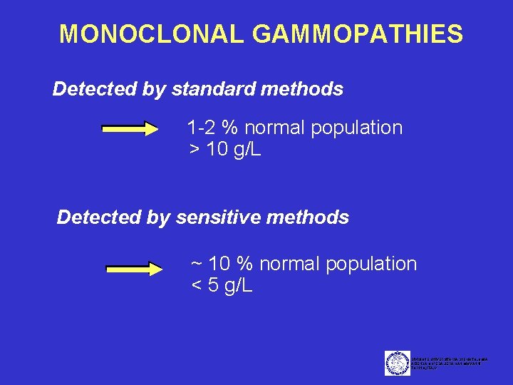 MONOCLONAL GAMMOPATHIES Detected by standard methods 1 -2 % normal population > 10 g/L