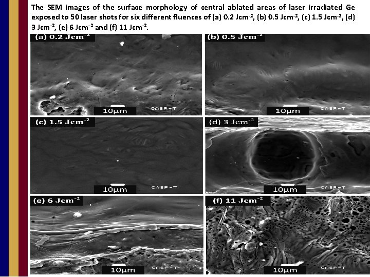 The SEM images of the surface morphology of central ablated areas of laser irradiated