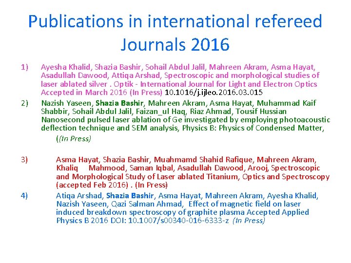 Publications in international refereed Journals 2016 1) 2) 3) 4) Ayesha Khalid, Shazia Bashir,