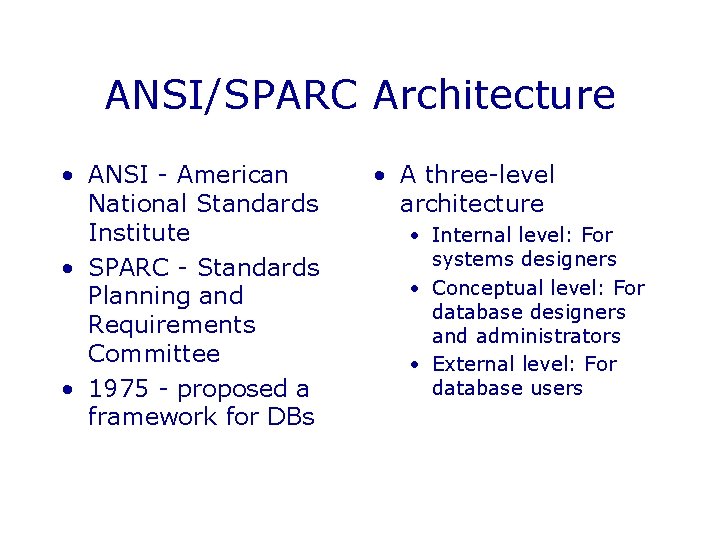 ANSI/SPARC Architecture • ANSI - American National Standards Institute • SPARC - Standards Planning