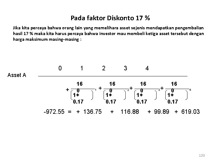 Pada faktor Diskonto 17 % Jika kita percaya bahwa orang lain yang memelihara asset