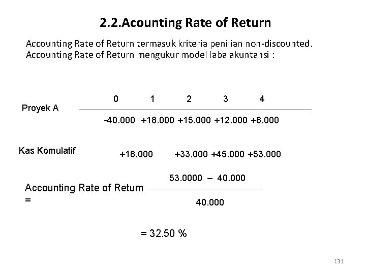 2. 2. Acounting Rate of Return Accounting Rate of Return termasuk kriteria penilian non-discounted.