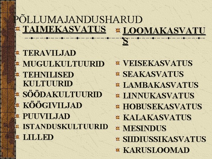 PÕLLUMAJANDUSHARUD TAIMEKASVATUS TERAVILJAD MUGULKULTUURID TEHNILISED KULTUURID SÖÖDAKULTUURID KÖÖGIVILJAD PUUVILJAD ISTANDUSKULTUURID LILLED LOOMAKASVATU S VEISEKASVATUS