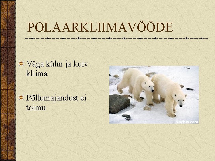 POLAARKLIIMAVÖÖDE Väga külm ja kuiv kliima Põllumajandust ei toimu 
