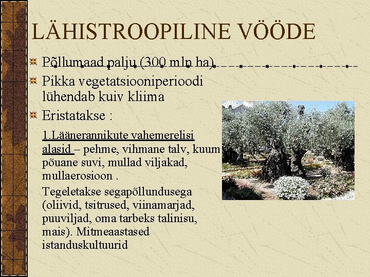 LÄHISTROOPILINE VÖÖDE Põllumaad palju (300 mln ha) Pikka vegetatsiooniperioodi lühendab kuiv kliima Eristatakse :