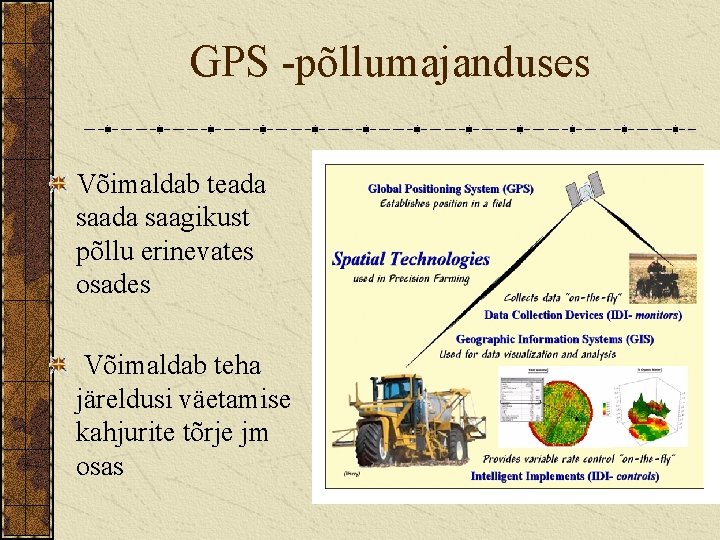 GPS -põllumajanduses Võimaldab teada saagikust põllu erinevates osades Võimaldab teha järeldusi väetamise kahjurite tõrje