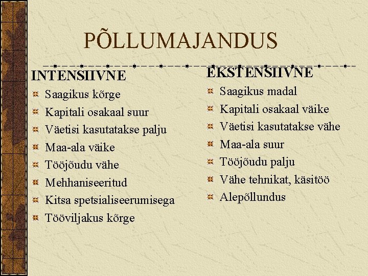 PÕLLUMAJANDUS INTENSIIVNE Saagikus kõrge Kapitali osakaal suur Väetisi kasutatakse palju Maa-ala väike Tööjõudu vähe