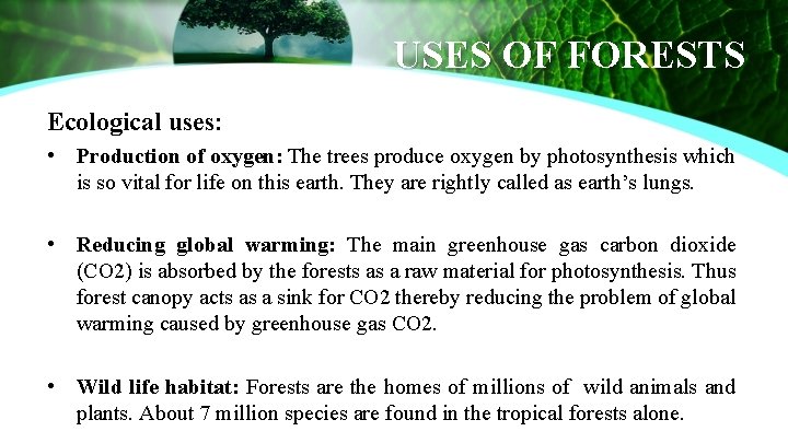 USES OF FORESTS Ecological uses: • Production of oxygen: The trees produce oxygen by
