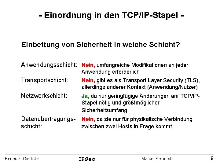 - Einordnung in den TCP/IP-Stapel Einbettung von Sicherheit in welche Schicht? Anwendungsschicht: Nein, umfangreiche