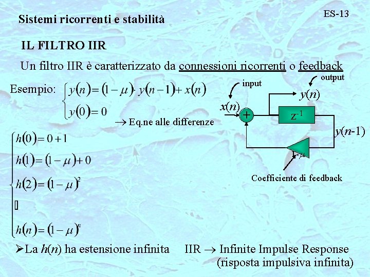 ES-13 Sistemi ricorrenti e stabilità IL FILTRO IIR Un filtro IIR è caratterizzato da