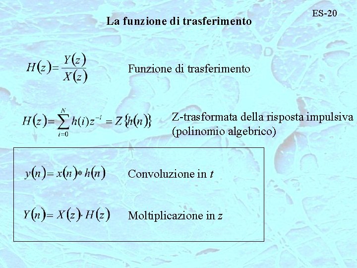 La funzione di trasferimento ES-20 Funzione di trasferimento Z-trasformata della risposta impulsiva (polinomio algebrico)