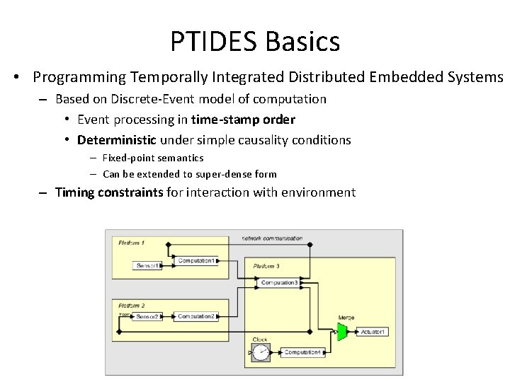 PTIDES Basics • Programming Temporally Integrated Distributed Embedded Systems – Based on Discrete-Event model
