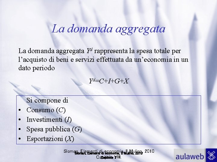 La domanda aggregata Yd rappresenta la spesa totale per l’acquisto di beni e servizi