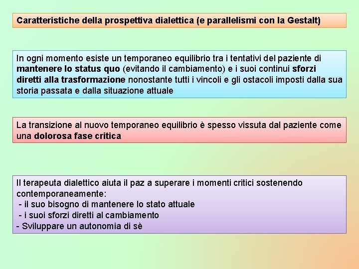 Caratteristiche della prospettiva dialettica (e parallelismi con la Gestalt) In ogni momento esiste un